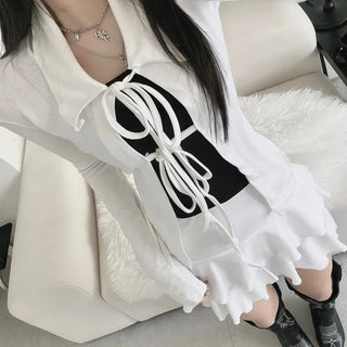 Strap Ribbon Collar Cardigan Tiered Pleated Skirt Two-Piece