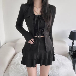 Strap Ribbon Collar Cardigan Tiered Pleated Skirt Two-Piece