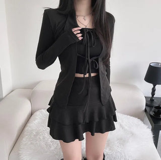 Strap Ribbon Collar Cardigan Tiered Pleated Skirt Two-Piece