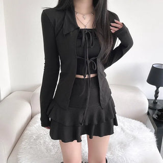 Strap Ribbon Collar Cardigan Tiered Pleated Skirt Two-Piece