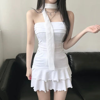 Strap Ribbon Collar Cardigan Tiered Pleated Skirt Two-Piece