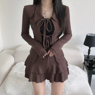 Strap Ribbon Collar Cardigan Tiered Pleated Skirt Two-Piece