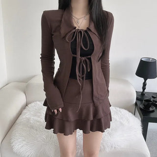 Strap Ribbon Collar Cardigan Tiered Pleated Skirt Two-Piece