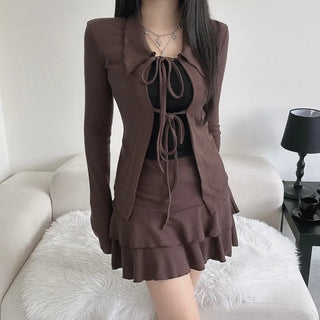 Strap Ribbon Collar Cardigan Tiered Pleated Skirt Two-Piece