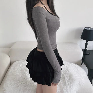 Layered U-Neck Long Sleeve Tee Bra Top T-Shirt