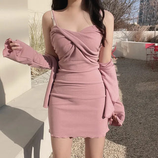 Mochi Soft Twisted Stretch Sleeveless Dress Cardigan Two-Piece