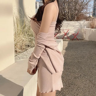 Mochi Soft Twisted Stretch Sleeveless Dress Cardigan Two-Piece