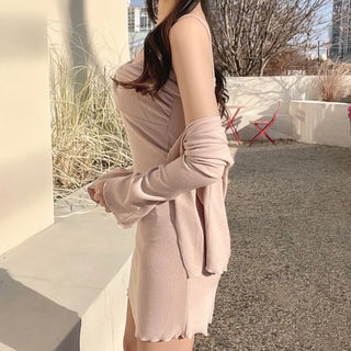 Mochi Soft Twisted Stretch Sleeveless Dress Cardigan Two-Piece