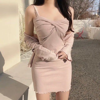 Mochi Soft Twisted Stretch Sleeveless Dress Cardigan Two-Piece