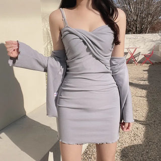Mochi Soft Twisted Stretch Sleeveless Dress Cardigan Two-Piece