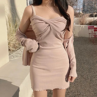 Mochi Soft Twisted Stretch Sleeveless Dress Cardigan Two-Piece