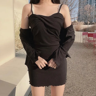 Mochi Soft Twisted Stretch Sleeveless Dress Cardigan Two-Piece
