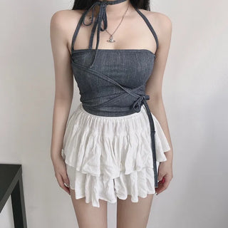 Vintage Strap Denim Top Tube Swimwear Beachwear Bikini