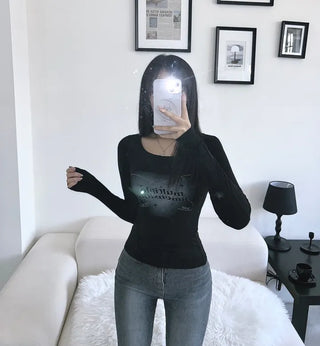 Lettering Print Detail Long Sleeve U-Neck Tee T-Shirt