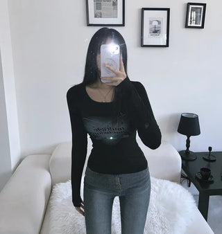 Lettering Print Detail Long Sleeve U-Neck Tee T-Shirt