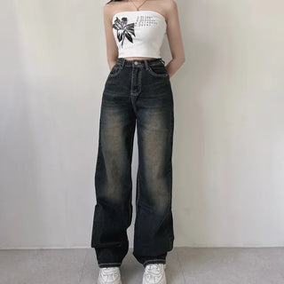 Y2K Cat Brush Washed Stitch Wide Denim Pants