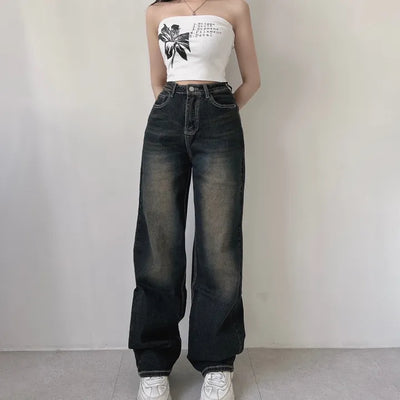 Y2K Cat Brush Washed Stitch Wide Denim Pants