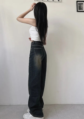Y2K Cat Brush Washed Stitch Wide Denim Pants