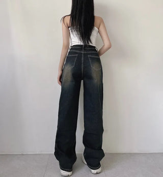 Y2K Cat Brush Washed Stitch Wide Denim Pants