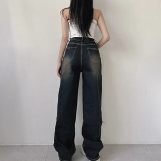 Y2K Cat Brush Washed Stitch Wide Denim Pants