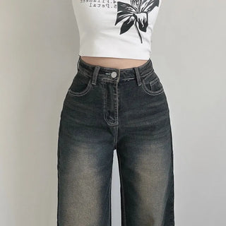 Y2K Cat Brush Washed Stitch Wide Denim Pants
