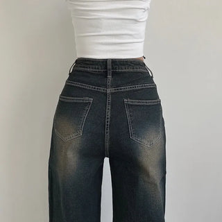 Y2K Cat Brush Washed Stitch Wide Denim Pants