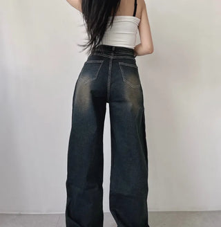 Y2K Cat Brush Washed Stitch Wide Denim Pants