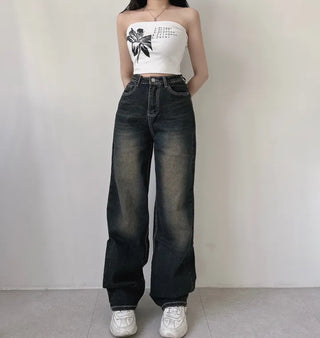 Y2K Cat Brush Washed Stitch Wide Denim Pants