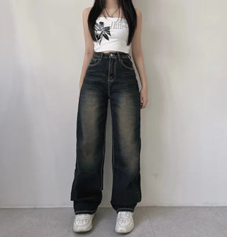 Y2K Cat Brush Washed Stitch Wide Denim Pants