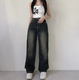 Y2K Cat Brush Washed Stitch Wide Denim Pants