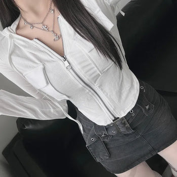 Y2K Pocket Ribbed Zip-Up Hoodie Rolled Tee Crop