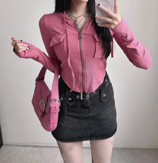 Y2K Pocket Ribbed Zip-Up Hoodie Rolled Tee Crop