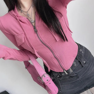 Y2K Pocket Ribbed Zip-Up Hoodie Rolled Tee Crop
