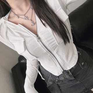 Y2K Pocket Ribbed Zip-Up Hoodie Rolled Tee Crop
