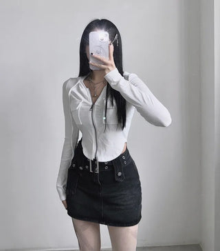 Y2K Pocket Ribbed Zip-Up Hoodie Rolled Tee Crop