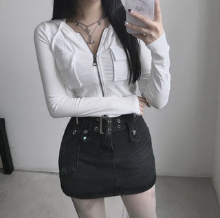 Y2K Pocket Ribbed Zip-Up Hoodie Rolled Tee Crop