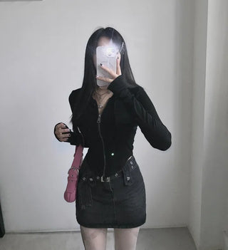 Y2K Pocket Ribbed Zip-Up Hoodie Rolled Tee Crop