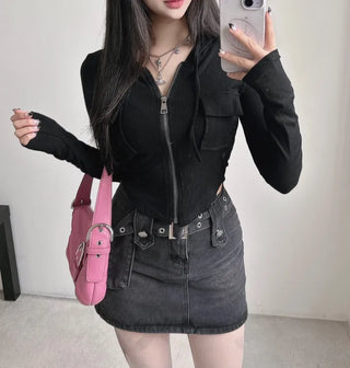 Y2K Pocket Ribbed Zip-Up Hoodie Rolled Tee Crop
