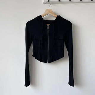 Y2K Pocket Ribbed Zip-Up Hoodie Rolled Tee Crop