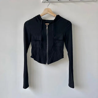 Y2K Pocket Ribbed Zip-Up Hoodie Rolled Tee Crop