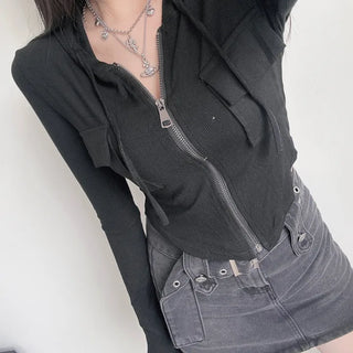 Y2K Pocket Ribbed Zip-Up Hoodie Rolled Tee Crop