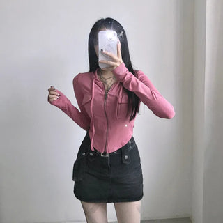 Y2K Pocket Ribbed Zip-Up Hoodie Rolled Tee Crop