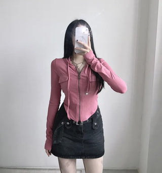 Y2K Pocket Ribbed Zip-Up Hoodie Rolled Tee Crop