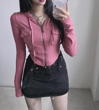 Y2K Pocket Ribbed Zip-Up Hoodie Rolled Tee Crop