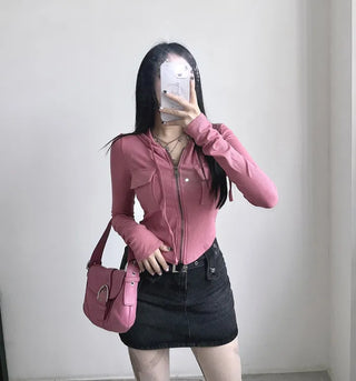 Y2K Pocket Ribbed Zip-Up Hoodie Rolled Tee Crop