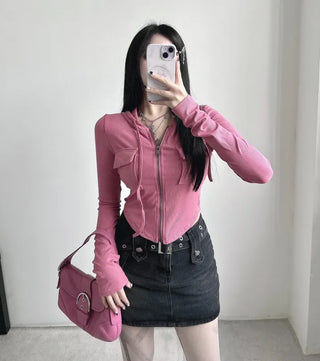 Y2K Pocket Ribbed Zip-Up Hoodie Rolled Tee Crop