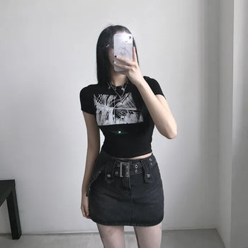 Black Printed Crop Top Short Sleeve Summer Training
