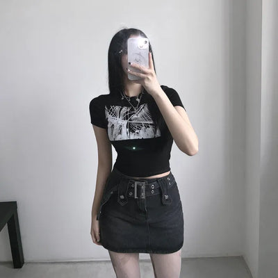 Black Printed Crop Top Short Sleeve Summer Training