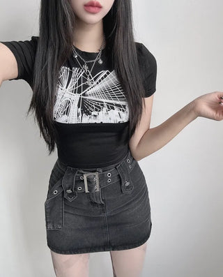 Black Printed Crop Top Short Sleeve Summer Training