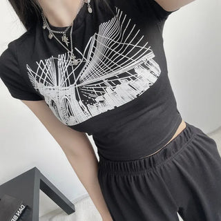 Black Printed Crop Top Short Sleeve Summer Training